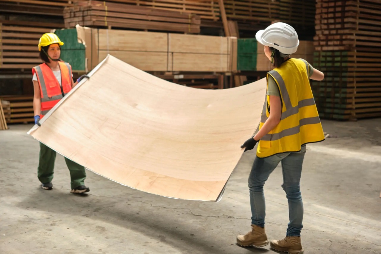 Team managing plywood sheet loading for dealer and contractor supply