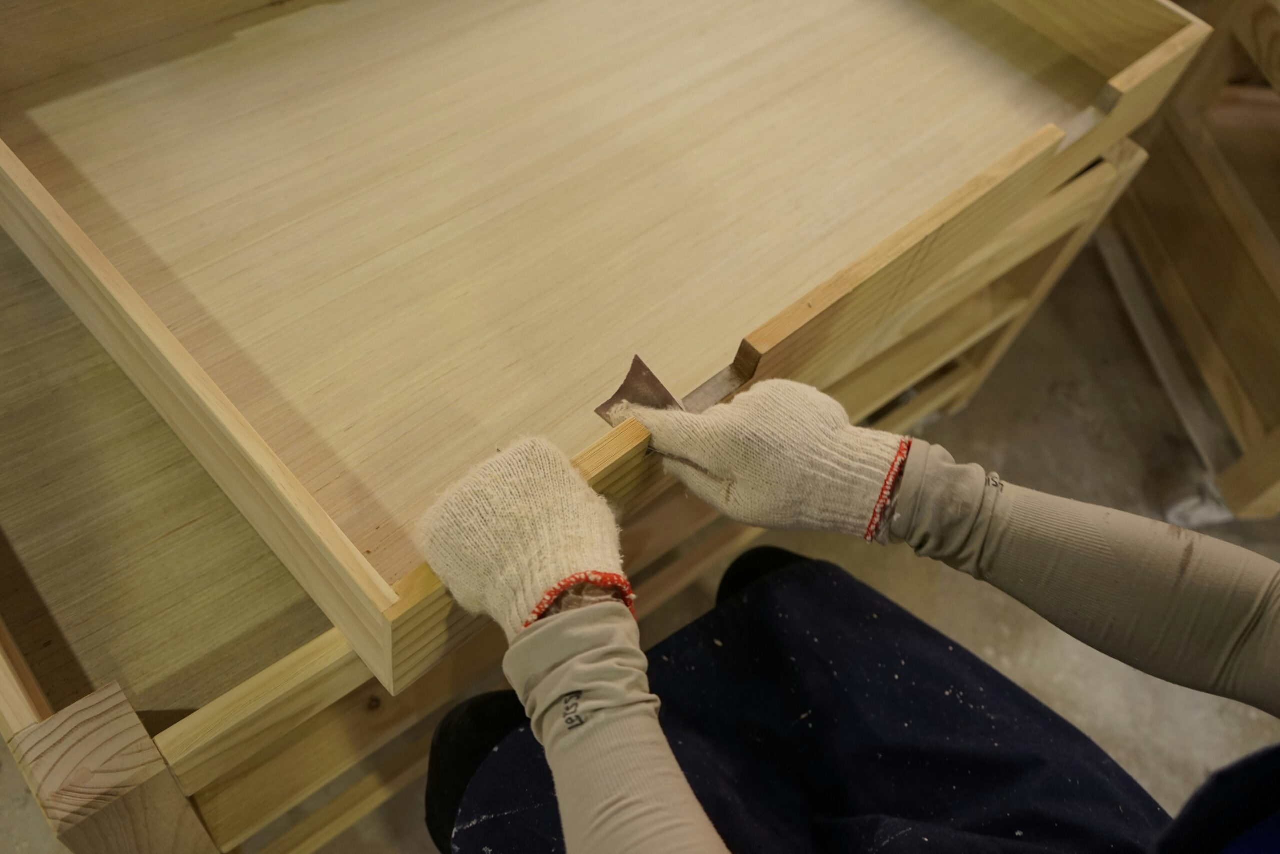 Wooden panel assembly process in inside factory
