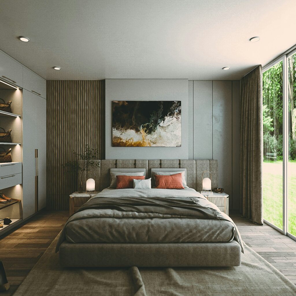 Modern bedroom with a plywood bed, large window, and soft neutral interior design