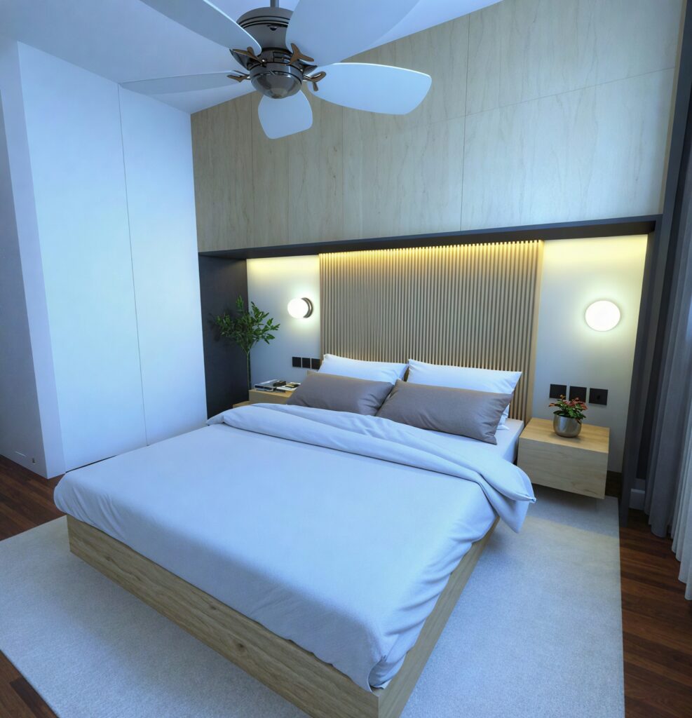 Modern plywood bed in a minimalist blue-toned bedroom with warm backlighting.