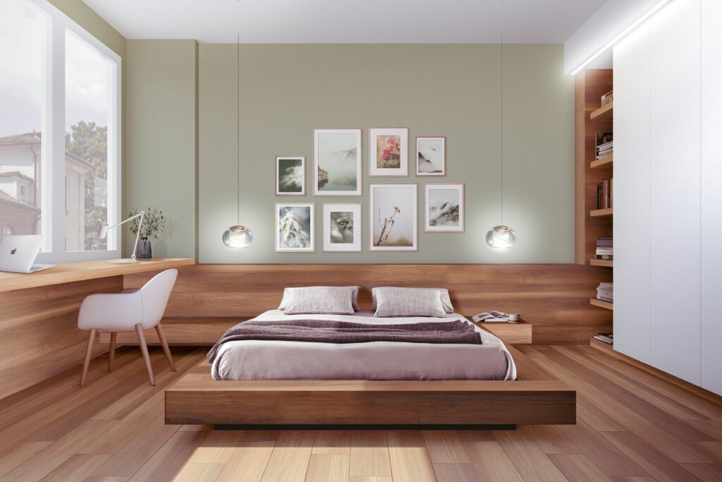 Contemporary plywood bed design in a stylish modern bedroom interior