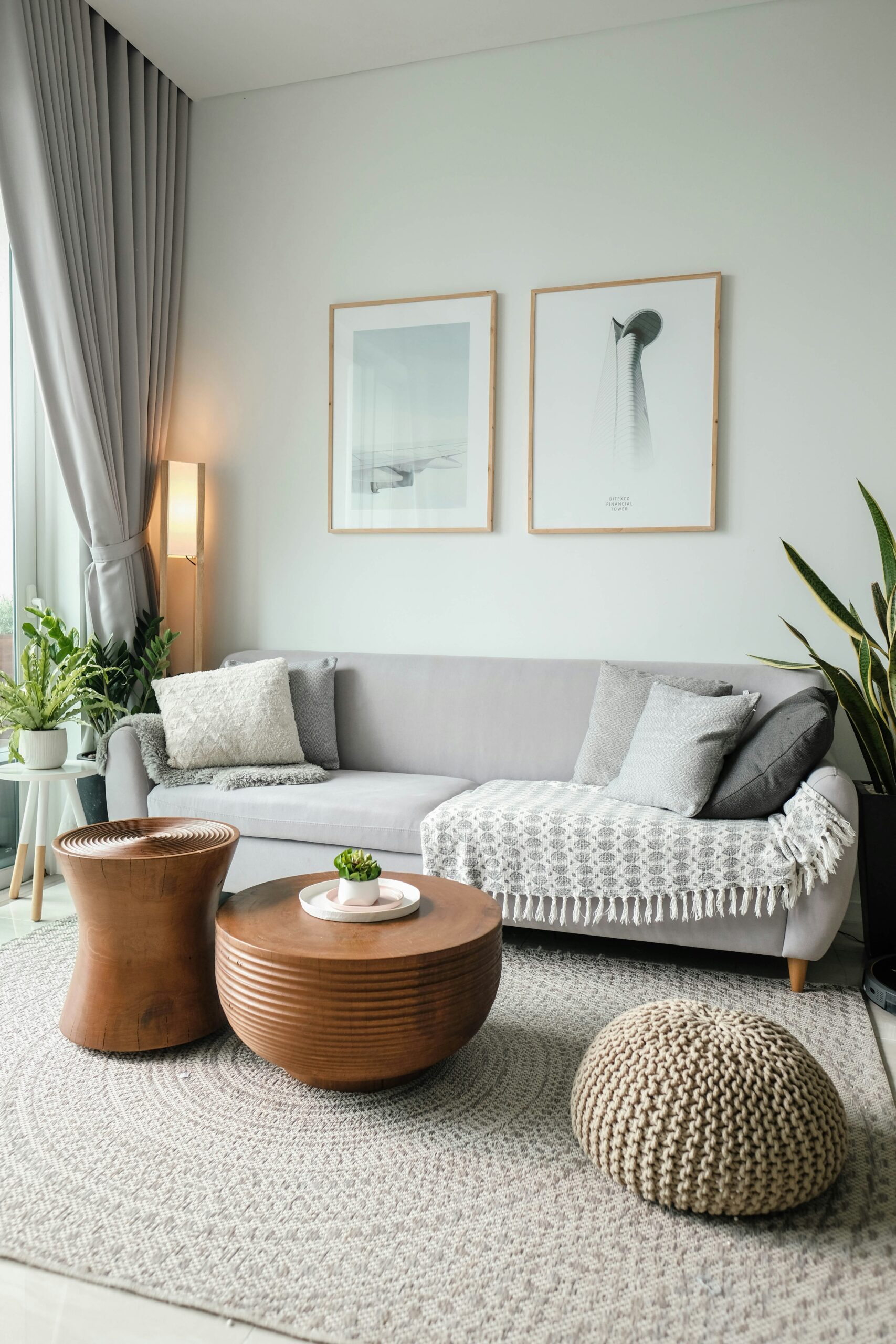 Living room interior featuring a plywood coffee table and modern wooden furniture