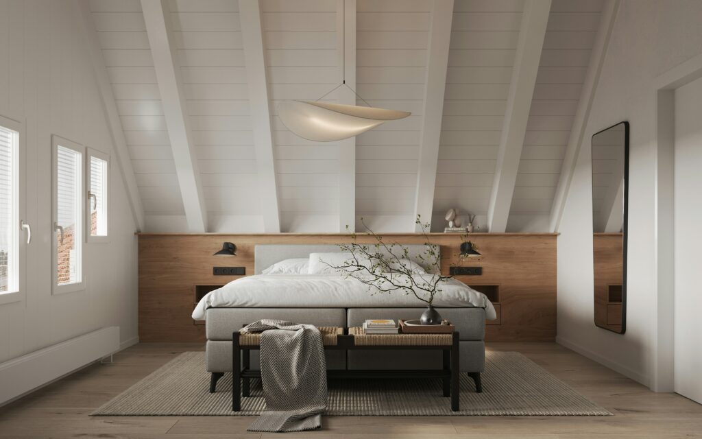Contemporary plywood bed in a bright bedroom with high ceilings and neutral decor