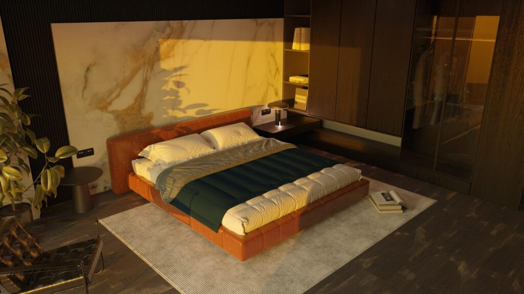 Plywood platform bed with warm ambient lighting and a marble accent wall