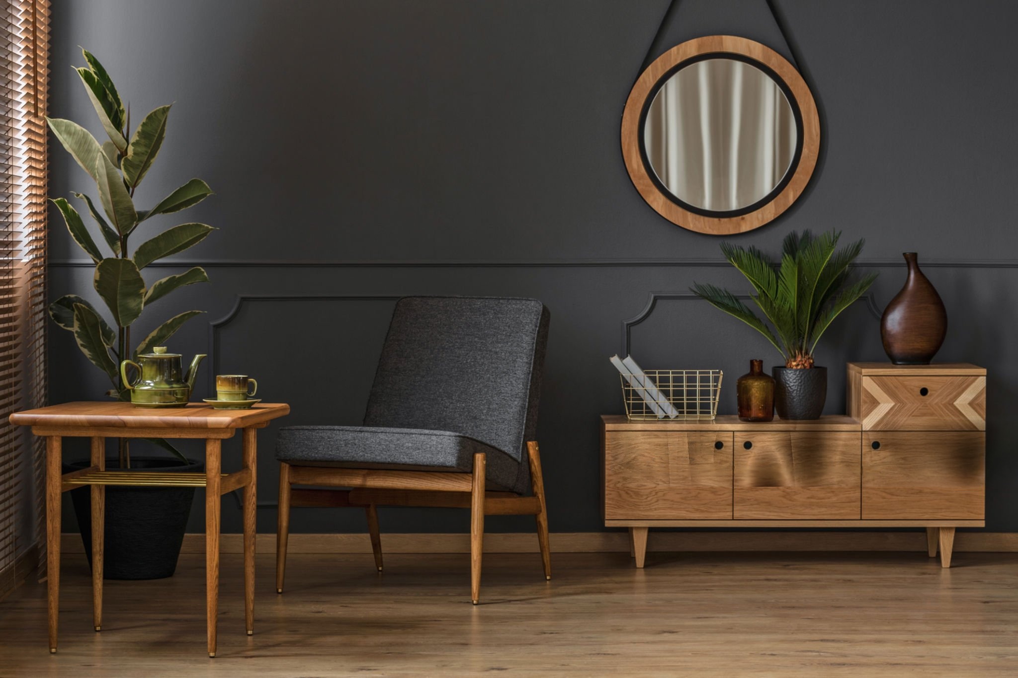 Stylish living room with wooden furniture and decor elements